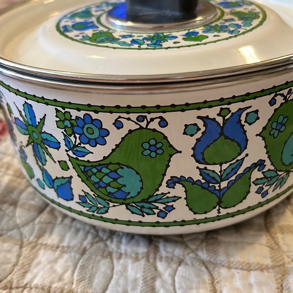 Enamel Fancipans MCM mid century blue green tulips birds saucepan lid